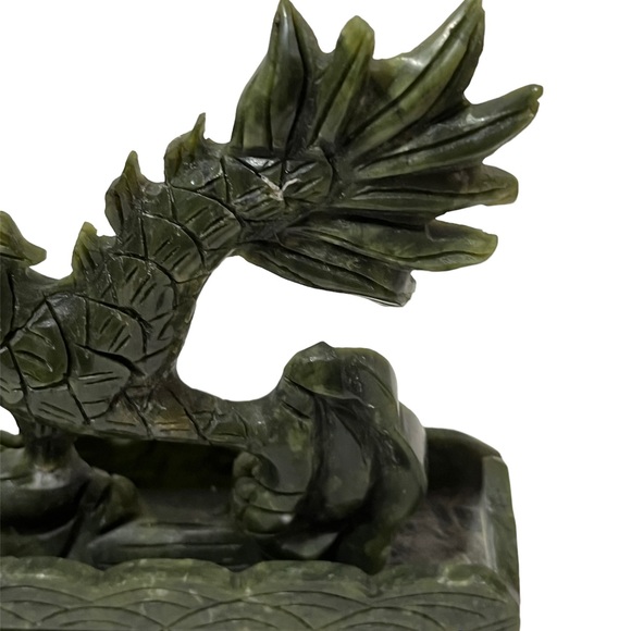 Carved Stone Fierce Dragon Statue Holding Orb Sphere Ball Green Maybe Old Jade - Picture 3 of 11